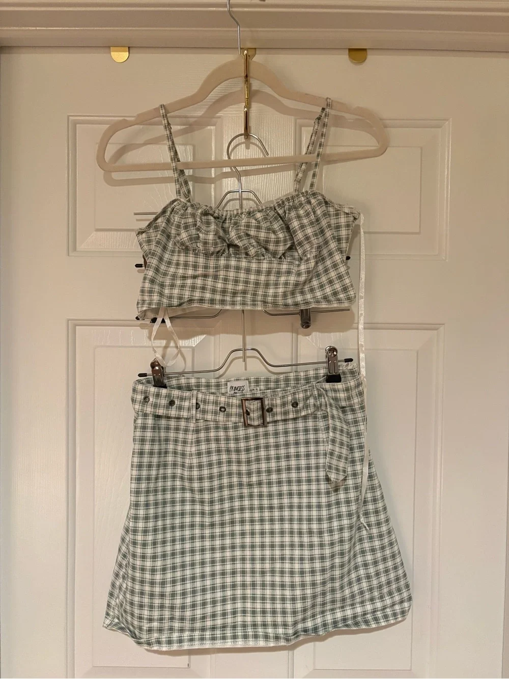 Princess Polly Sage Green Plaid Tank & Mini Skirt Set with Belt